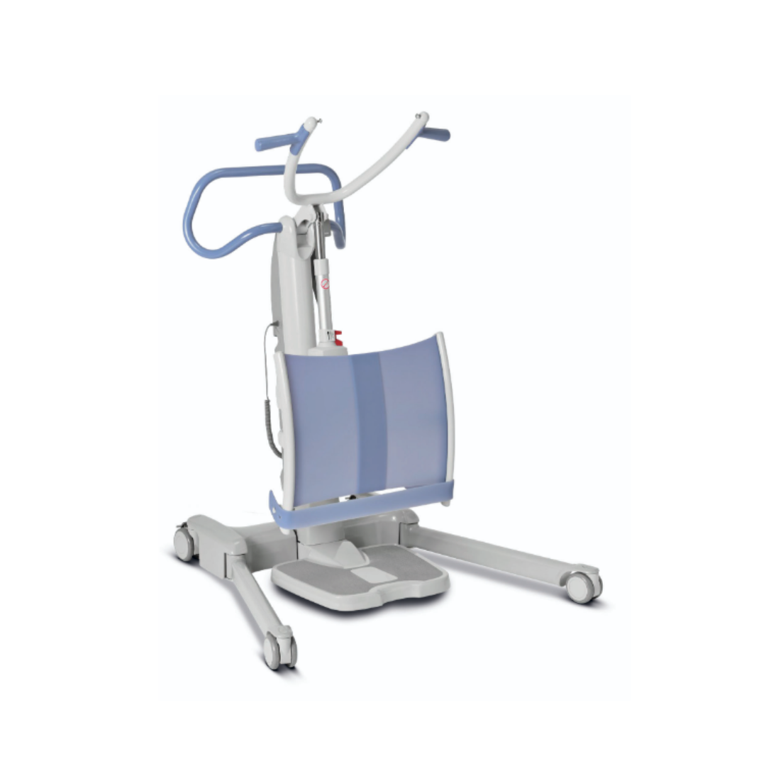 The ARJO Sara Flex Sit-to-Stand Patient Transfer Lift is a blue and white device with wheels, handlebars, footplate, and support pad, designed to assist caregivers in lifting and sit-to-stand transfers for those with limited mobility.